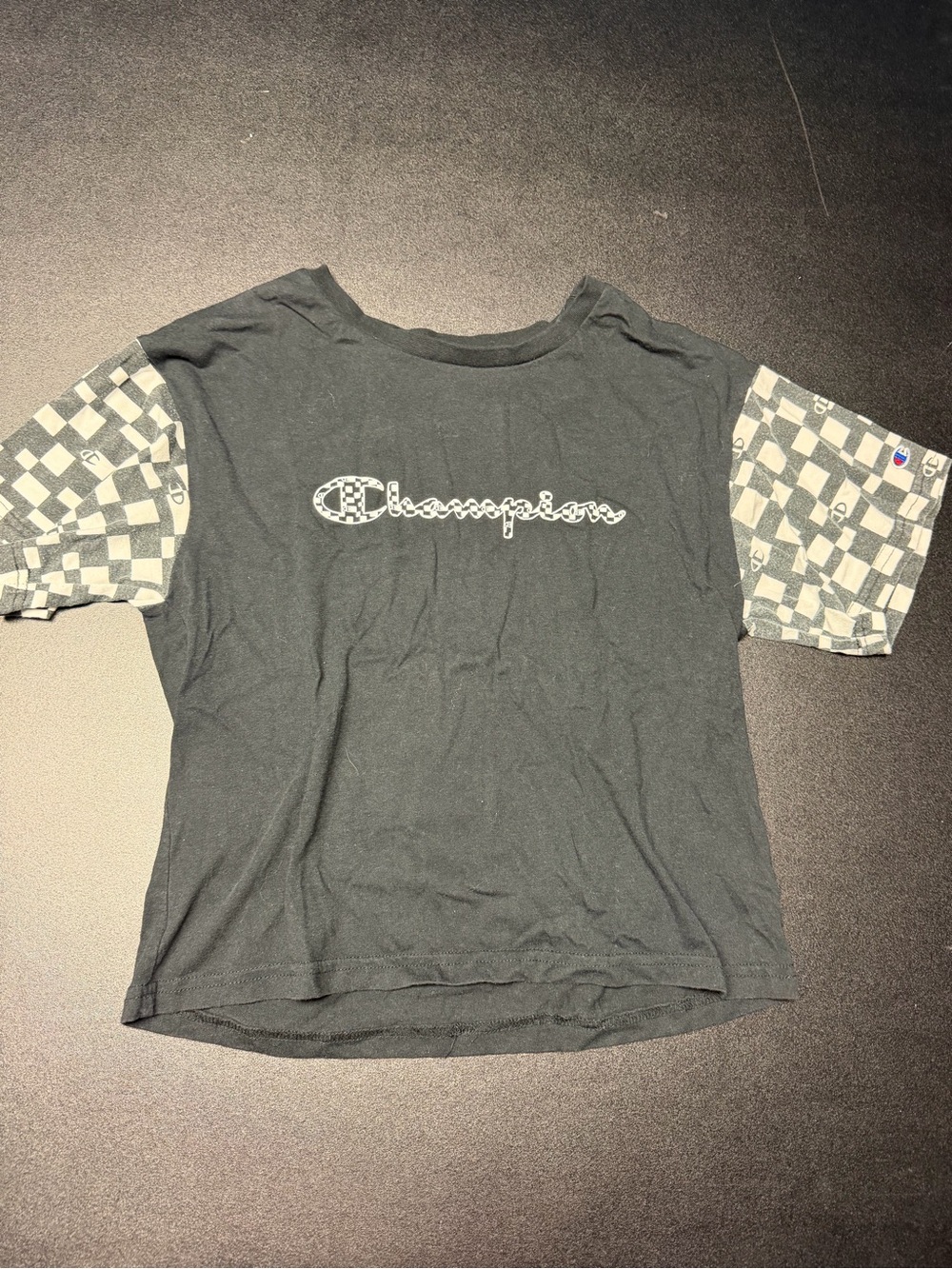 Champion Black Crop Tee with Checkerboard Sleeve Accents